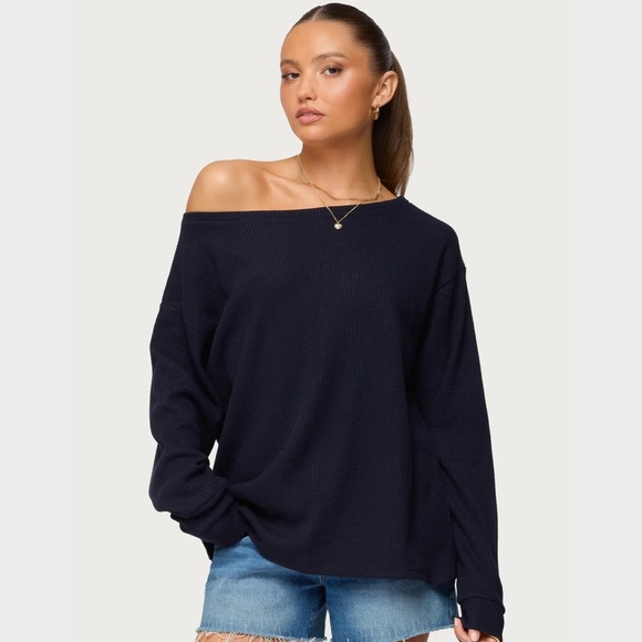 Edikted Tops - Edikted Navy Off-Shoulder Long Sleeve Top